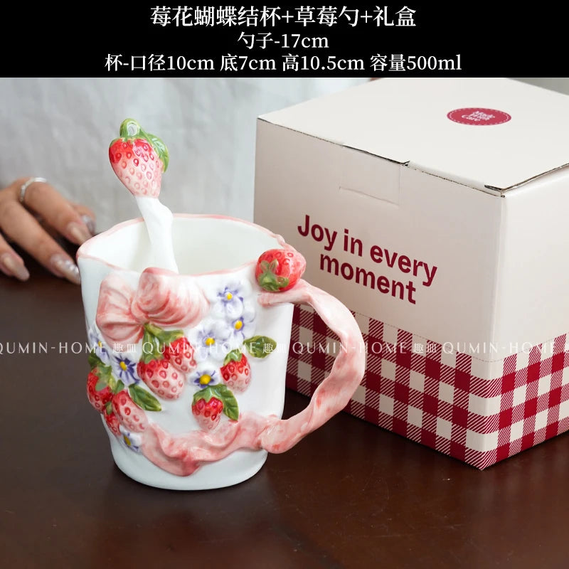 Vintage Berry Floral Bow Coffee Mug Set Creative Ceramic Tea Cup