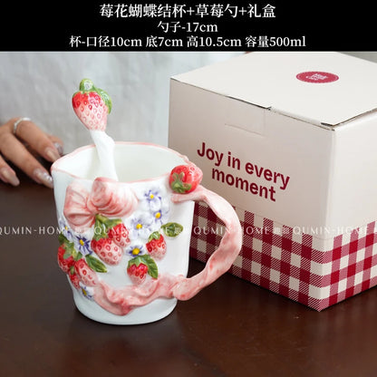 Vintage Berry Floral Bow Coffee Mug Set Creative Ceramic Tea Cup
