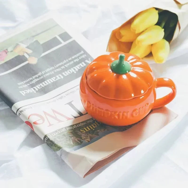 Pumpkin Mug Ceramic with Lid with Spoon Coffee Cups