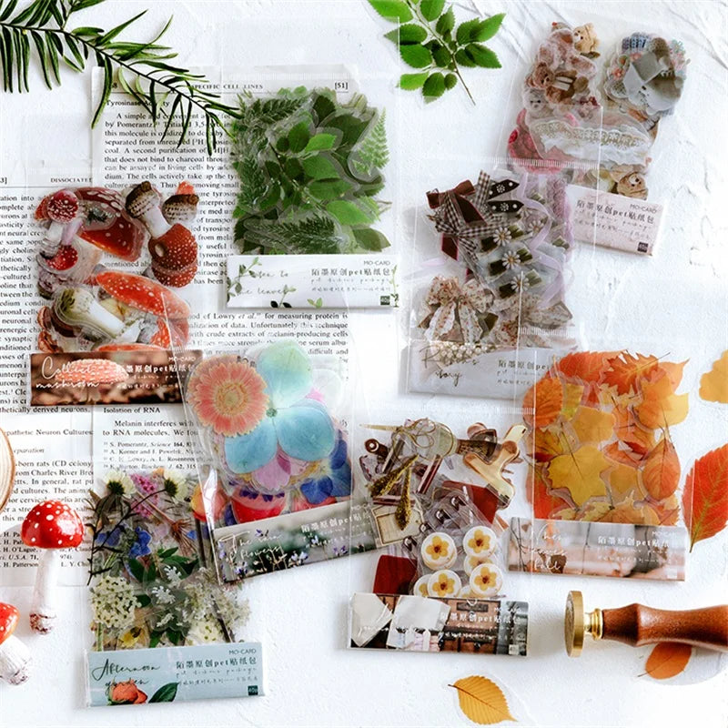 40pcs/pack PET Transparent Flowers Stickers DIY Deco Scrapbooking Junk Journal Plants Flowers Sticker Stationery Supplies