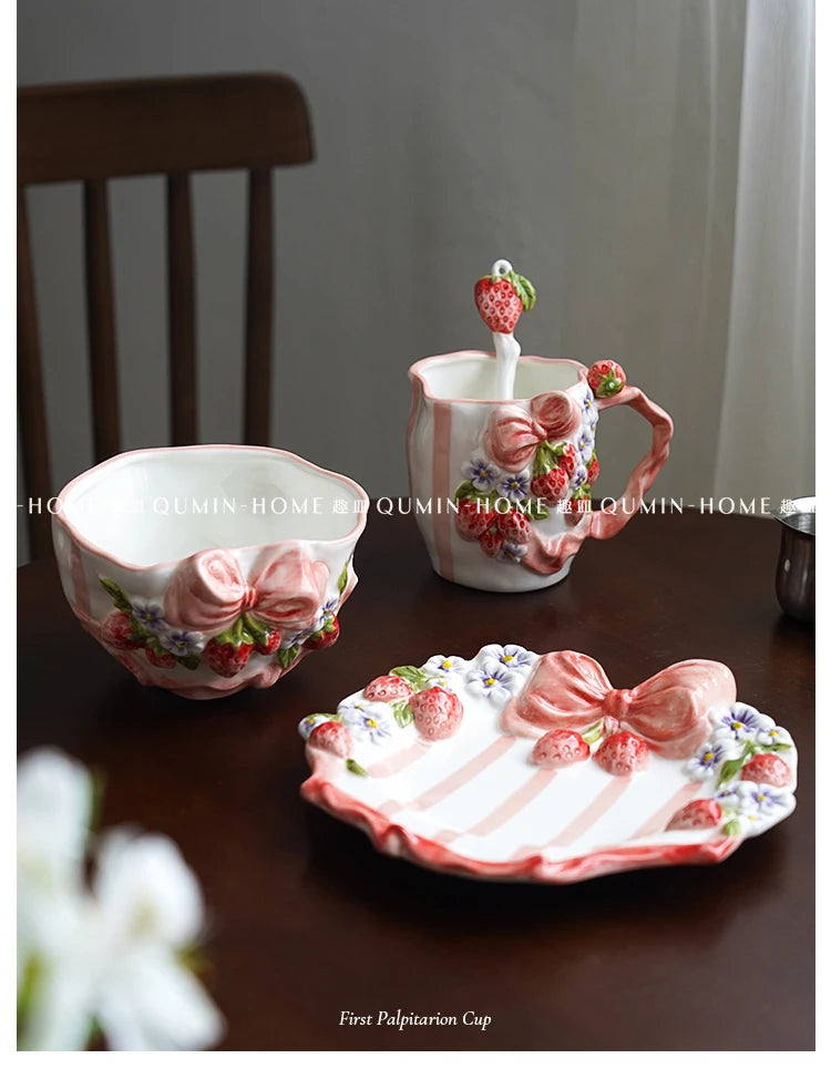 Vintage Berry Floral Bow Coffee Mug Set Creative Ceramic Tea Cup