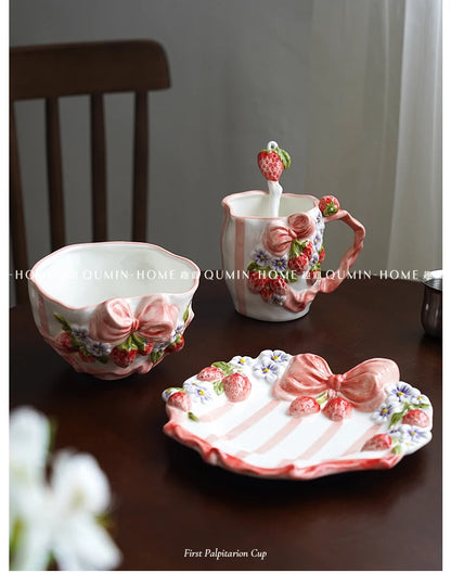Vintage Berry Floral Bow Coffee Mug Set Creative Ceramic Tea Cup